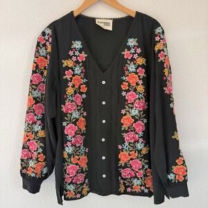Savanna Jane Heavily Embroidered Floral L/S Top 1X Plus Size Black Boho Buttons